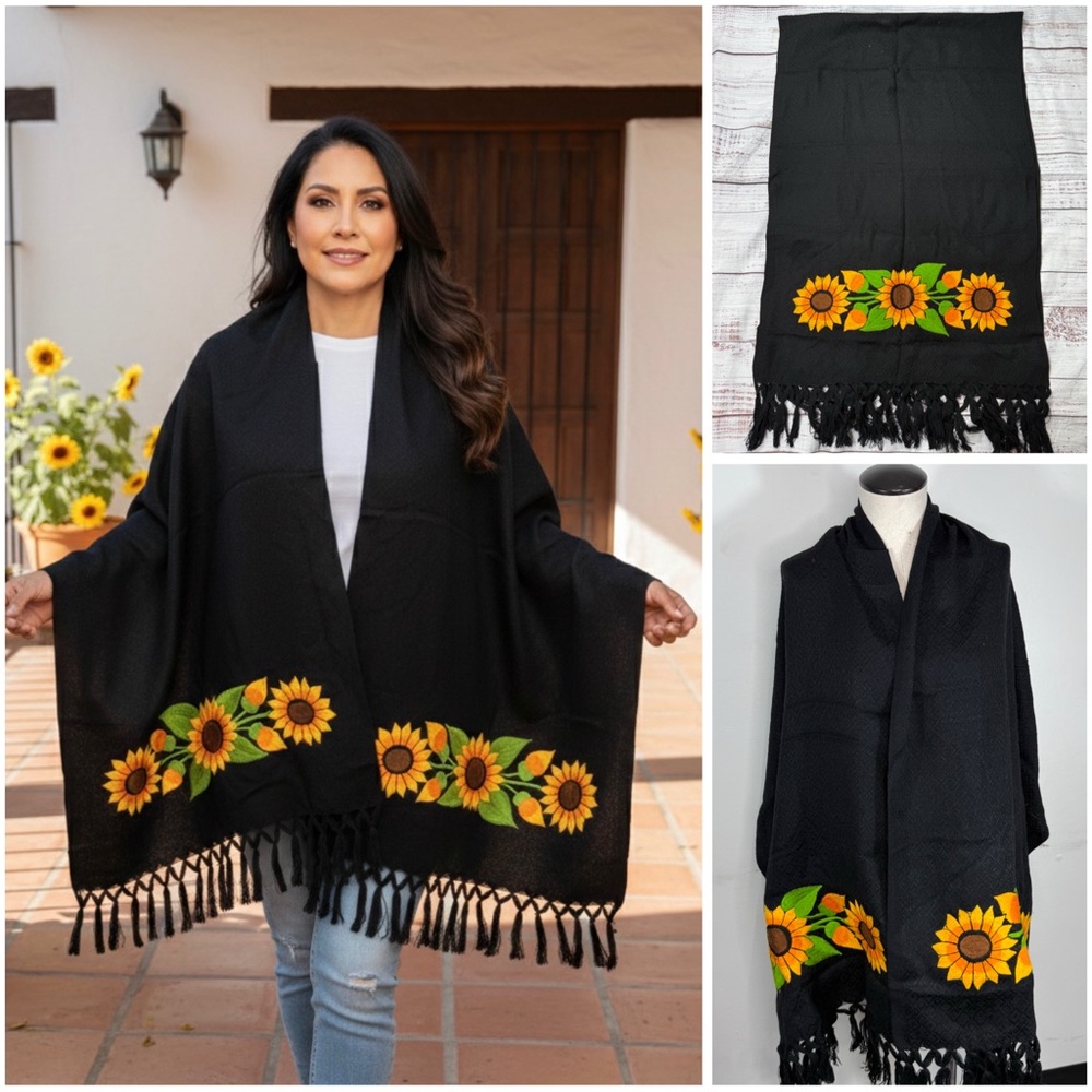 Mexican Embroidered Sunflower Women's Black Shawl Wrap Pashmina